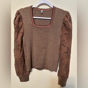 Bl^nk Anthropologie Square Neck Sweater Islet Sleeves Size Small‎ Boho Preppy